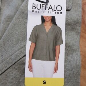 BUFFALO DAVID BITTON Linen Blend Shirt Sz Small Olive Green Boxy Top‎ Blouse NWT